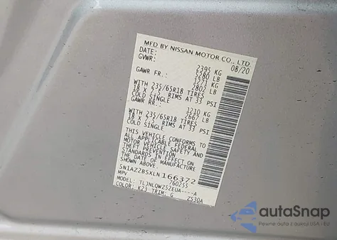 2020 Nissan Murano Sv Intelligent Awd z USA, uszkodzony, nr VIN 5N1AZ2BSXLN166372